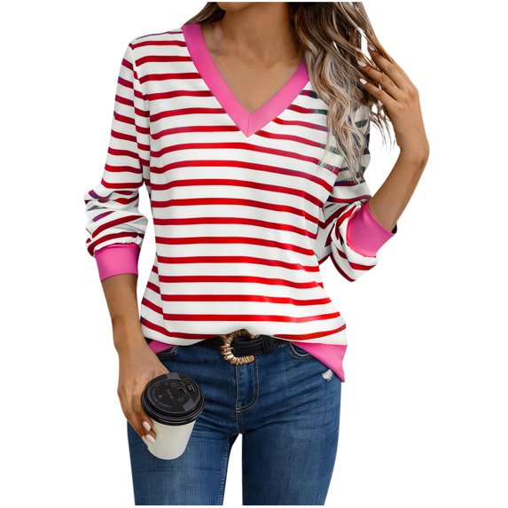 Womens Long Sleeve Shirt Casual Striped Tops Color Block V-Neck Blouses Tunic Top Spring Fall Outfits Pullover