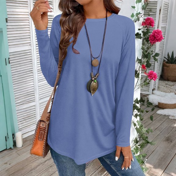 Womens Long Sleeve Shirt Crew Neck Casual Top Basic Blouse Fall Fashion Loose Fit Tunic Elegant Y2K Style Outfits Navy 3XL