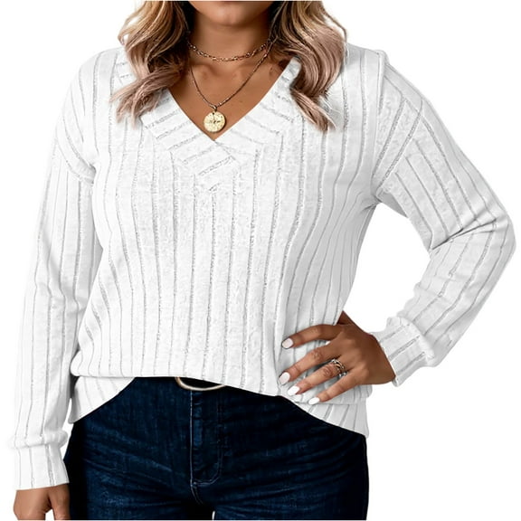 Womens Long Sleeve Shirt Fall Fashion 2025 V Neck Sweater Tunic Tops Casual Trendy Winter Clothing White 5XL