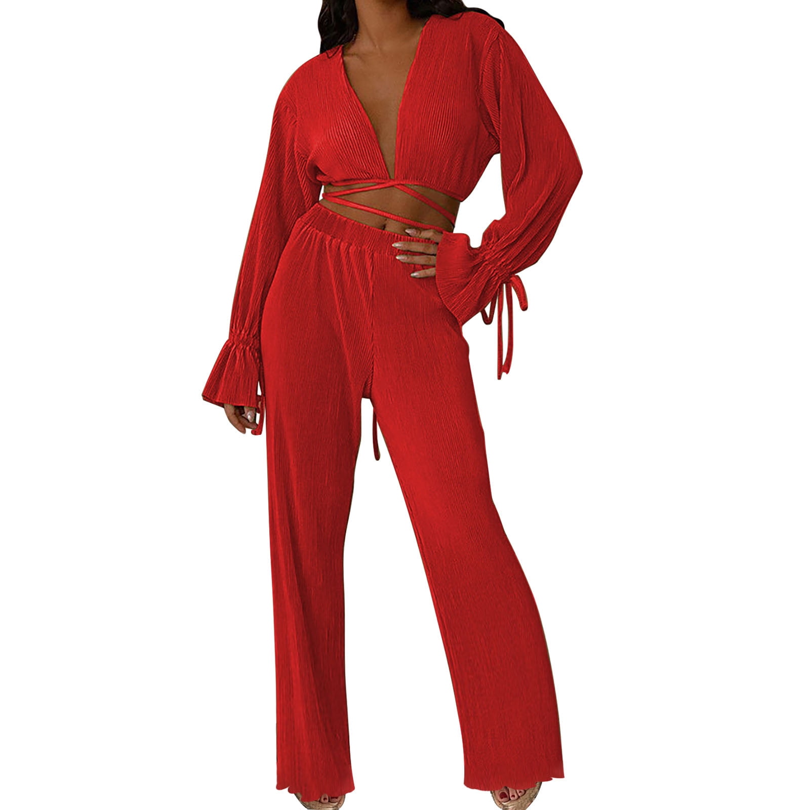 Womens Long Sleeve Shirt Mesh Top Blouse + Pant Two Piece Outfit Red L ...