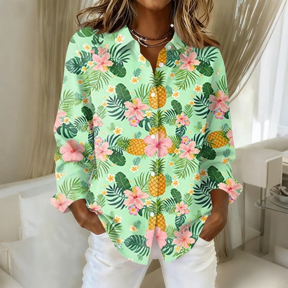 Womens Long Sleeve Shirt Summer Hawaii Tshirts Beach Tropic Print V Neck Button up Tops Soft Cool Floral Hawaiian Clothes