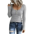thumbnail image 1 of KDFJPTH Womens Long Sleeve Shirt Women Long Sleeve Henley T Shirts Button Down Slim Fit Tops Scoop Neck Ribbed Knit Shirts, 1 of 7