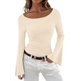 thumbnail image 1 of Womens Long Sleeve Shirts 2025 Fall Crop Going Out Tops Casual Boat Neck Bell Sleeve Ribbed Ruched Y2K Clothes, 1 of 4