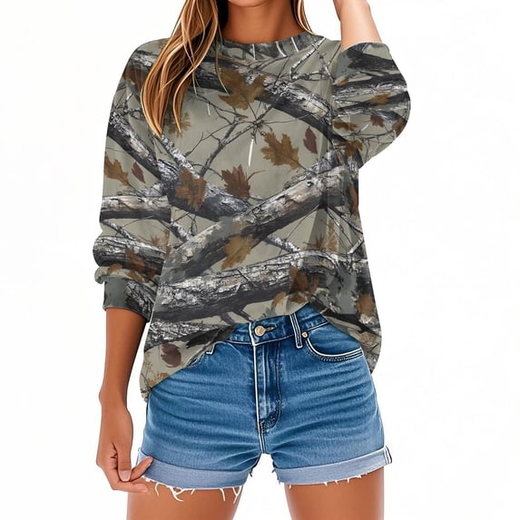 Womens Long Sleeve Shirts 2026 Fashion Country Camo Maple Graphic Shirt Casual Oversized Crewneck Pullover Tops
