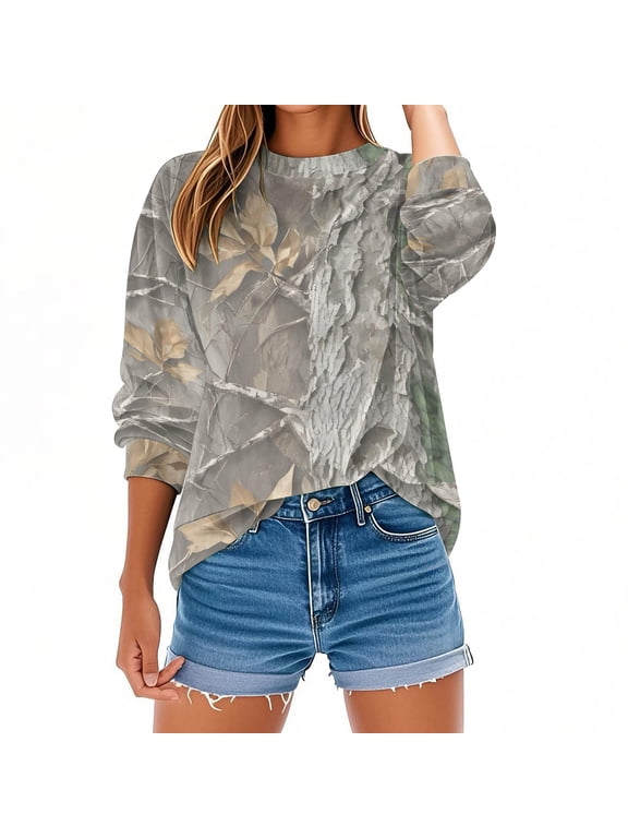 Womens Long Sleeve Shirts 2026 Fashion Country Camo Maple Graphic Shirt Casual Oversized Crewneck Pullover Tops