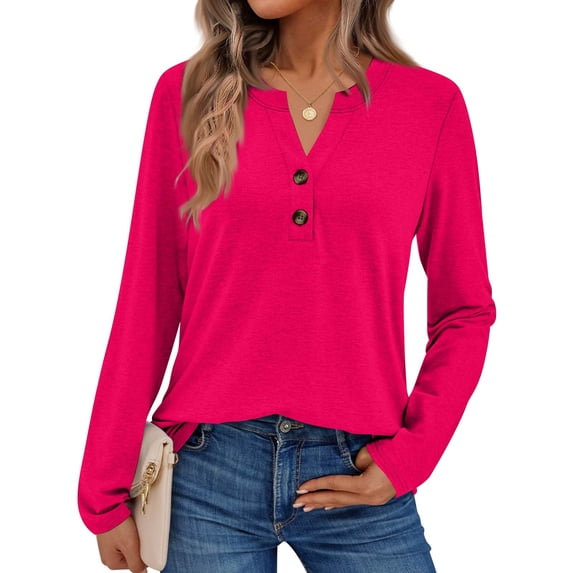 Womens Long Sleeve Shirts 2026 Spring Fall Fashion Dressy Business Casual Tops Trendy Henley Blouses Cute Work Tunic Clothes Hot Pink XL