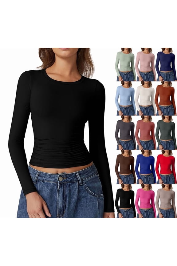 Womens Long Sleeve Shirts Basic Compression Going Out Crop Tops Fall Fashion Y2K Clothes 2025 Black S