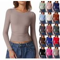 thumbnail image 1 of Womens Long Sleeve Shirts Basic Compression Going Out Crop Tops Fall Fashion Y2K Clothes 2025 Camel M, 1 of 5