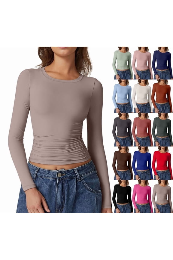 Womens Long Sleeve Shirts Basic Compression Going Out Crop Tops Fall Fashion Y2K Clothes 2025 Camel S