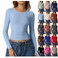 thumbnail image 1 of Womens Long Sleeve Shirts Basic Compression Going Out Crop Tops Fall Fashion Y2K Clothes 2025 Light Blue M, 1 of 5