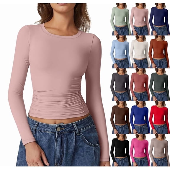 Womens Long Sleeve Shirts Basic Compression Going Out Crop Tops Fall Fashion Y2K Clothes 2025 Light pink S