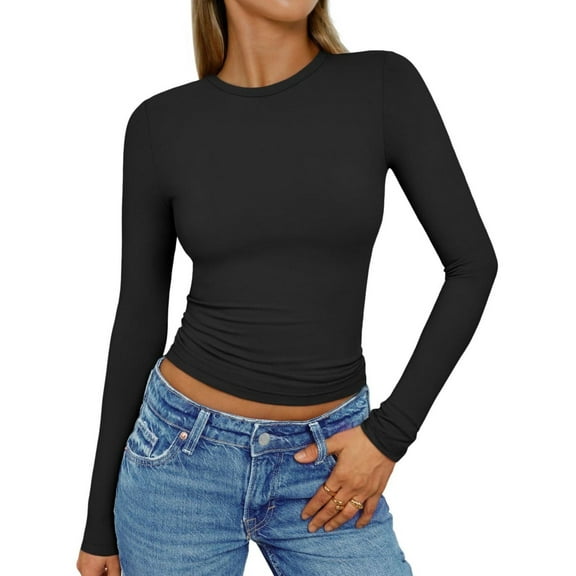 Womens Long Sleeve Shirts Basic Crop Tops Going Out Fall Fashion Slim Fit