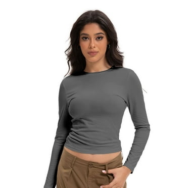 Womens Long Sleeve Shirts Basic Crop Tops Going Out Fall Fashion Underscrubs Layer Slim Fit Tops