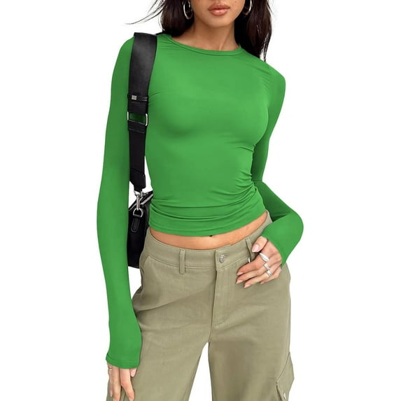 Womens Long Sleeve Shirts Basic Spring Crop Tops Fall Fashion Layering Slim Fitted Tops