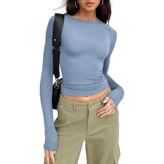 Womens Long Sleeve Shirts Basic Spring Crop Tops Fall Fashion Layering Slim Fitted Tops
