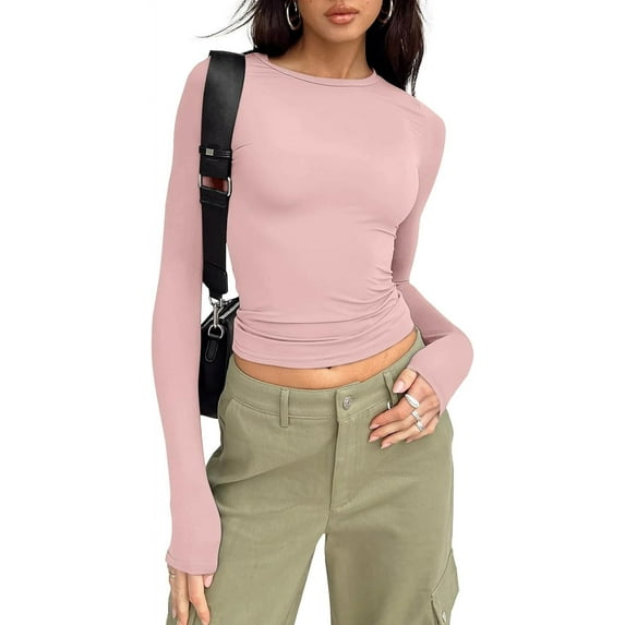 Womens Long Sleeve Shirts Basic Spring Crop Tops Fall Fashion Layering Slim Fitted Tops