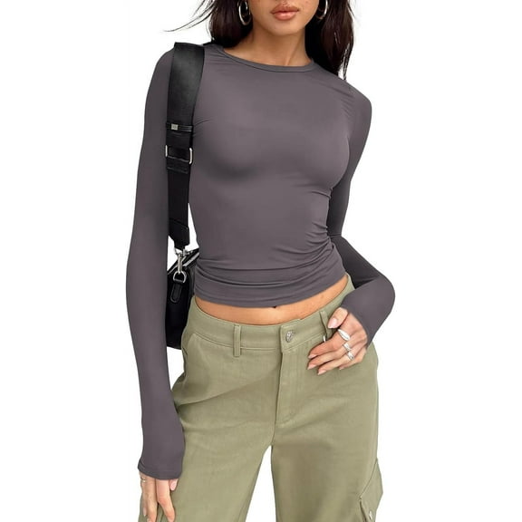 Womens Long Sleeve Shirts Basic Spring Crop Tops Fall Fashion Layering Slim Fitted Tops