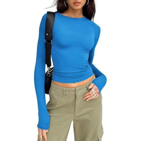 Womens Long Sleeve Shirts Basic Spring Crop Tops Fall Fashion Layering Slim Fitted Tops