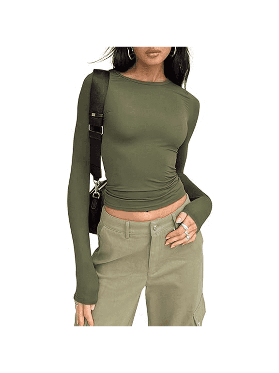 Womens Long Sleeve Shirts Basic Spring Crop Tops Fall Fashion Layering Slim Fitted Y2k Army Green XS