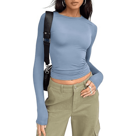 Womens Long Sleeve Shirts Basic Spring Crop Tops Fall Fashion Layering Slim Fitted Y2k Tops Blue Gray S