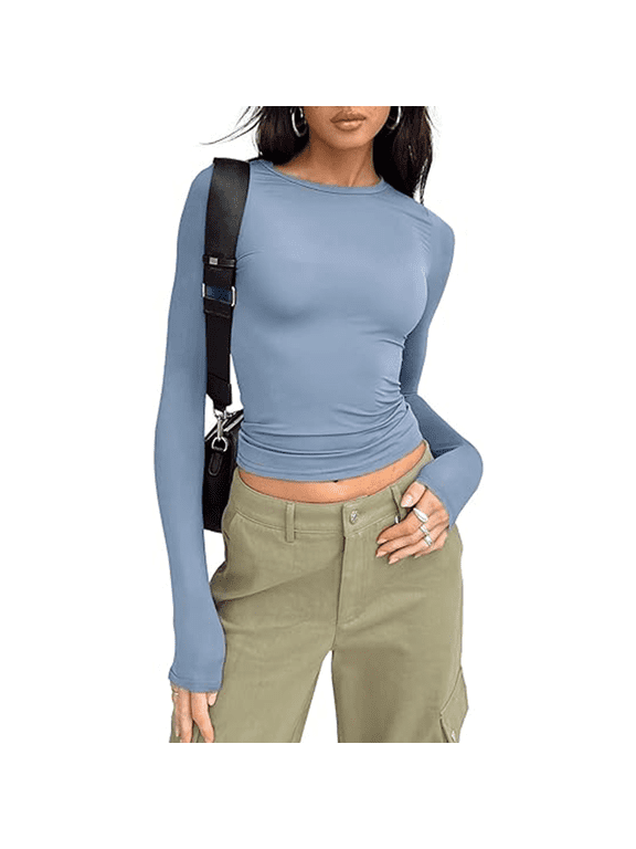 Womens Long Sleeve Shirts Basic Spring Crop Tops Fall Fashion Layering Slim Fitted Y2k Tops Blue Gray S