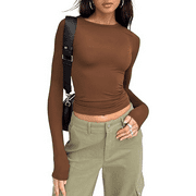 Womens Long Sleeve Shirts Basic Spring Crop Tops Fall Fashion Layering Slim Fitted Y2k Tops Brown XS