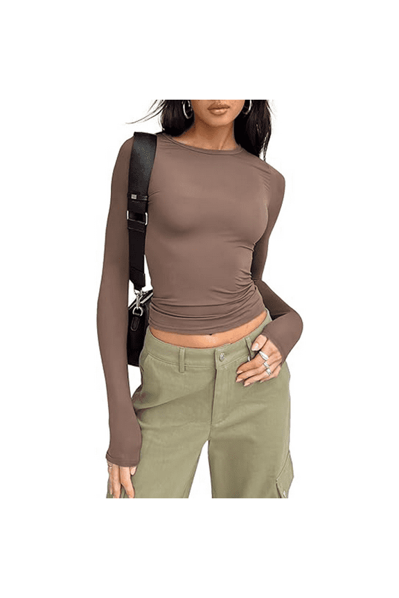 Womens Long Sleeve Shirts Basic Spring Crop Tops Fall Fashion Layering Slim Fitted Y2k Tops Coffee Grey S