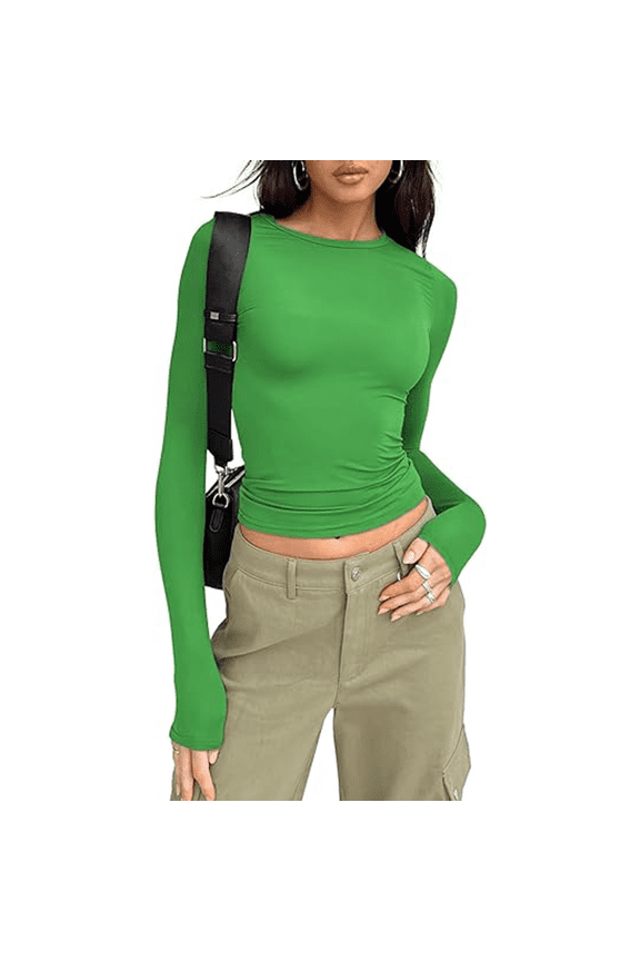 Womens Long Sleeve Shirts Basic Spring Crop Tops Fall Fashion Layering Slim Fitted Y2k Tops Green S
