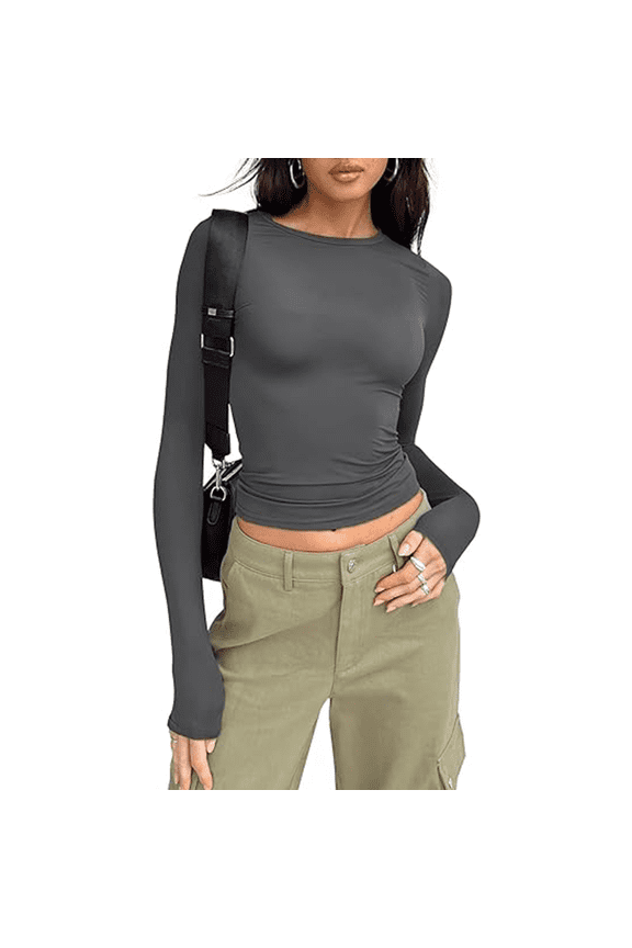 Womens Long Sleeve Shirts Basic Spring Crop Tops Fall Fashion Layering Slim Fitted Y2k Tops Grey S