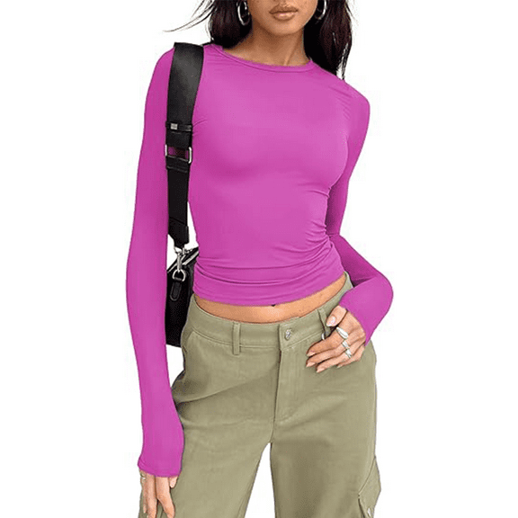 Womens Long Sleeve Shirts Basic Spring Crop Tops Fall Fashion Layering Slim Fitted Y2k Tops Hot Pink XS