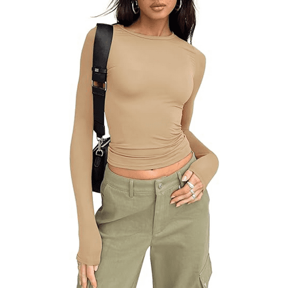 Womens Long Sleeve Shirts Basic Spring Crop Tops Fall Fashion Layering Slim Fitted Y2k Tops Khaki XS