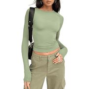 Womens Long Sleeve Shirts Basic Spring Crop Tops Fall Fashion Layering Slim Fitted Y2k Tops Light Green XS