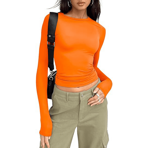 Womens Long Sleeve Shirts Basic Spring Crop Tops Fall Fashion Layering Slim Fitted Y2k Tops Orange XS