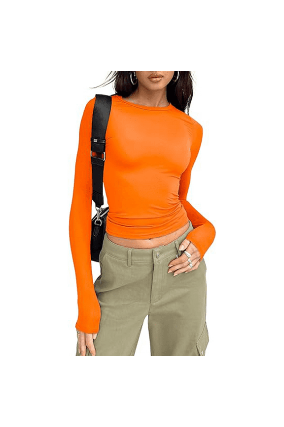 Womens Long Sleeve Shirts Basic Spring Crop Tops Fall Fashion Layering Slim Fitted Y2k Tops Orange XS