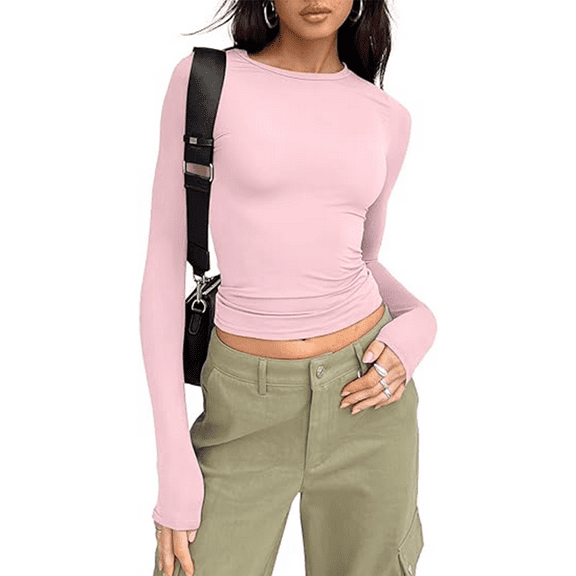 Womens Long Sleeve Shirts Basic Spring Crop Tops Fall Fashion Layering Slim Fitted Y2k Tops Pink XS