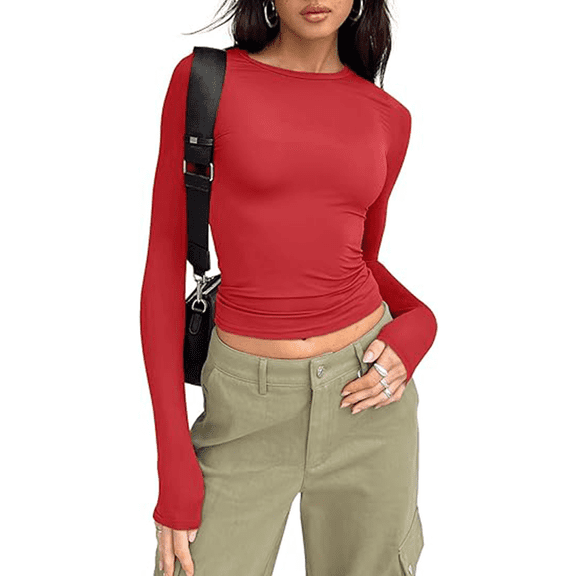 Womens Long Sleeve Shirts Basic Spring Crop Tops Fall Fashion Layering Slim Fitted Y2k Tops Red XS