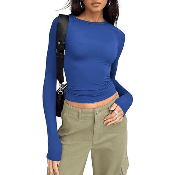 Womens Long Sleeve Shirts Basic Spring Crop Tops Fall Fashion Layering Slim Fitted Y2k Tops Royal Blue XS