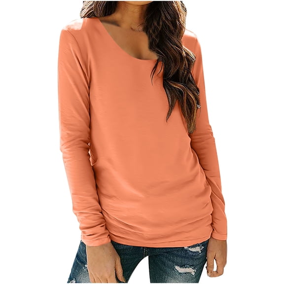Womens Long Sleeve Shirts Basic Tee Fall Solid Color Tunic Tops Loose Casual Vacation Workout T-Shirt Orange XXL