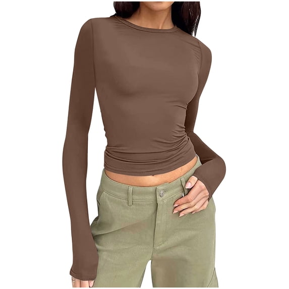 Womens Long Sleeve Shirts Basic Tees Y2k Fitted T Shirt Crew Neck Crop Top Casual Trendy 2026