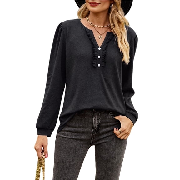Womens Long Sleeve Shirts Business Casual Outfits Dressy Tops Blouses Henley V Neck Fall Clothes Black S