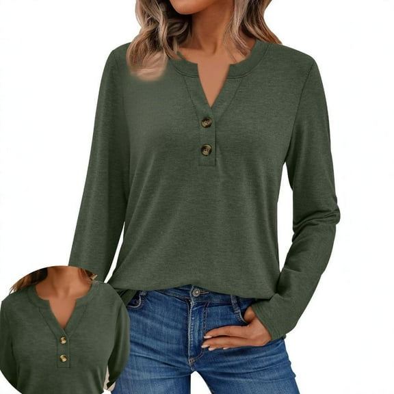 Womens Long Sleeve Shirts Business Casual Outfits Dressy Tops Blouses Henley V Neck Fall Clothes Loose Fit Tunic