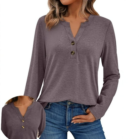 Womens Long Sleeve Shirts Business Casual Outfits Dressy Tops Blouses Henley V Neck Fall Clothes Loose Fit Tunic
