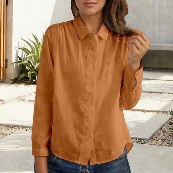 Womens Long Sleeve Shirts Button Down Blouses Collared Solid Color Fashion Business Tops