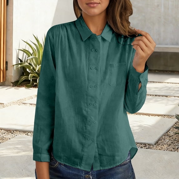 Womens Long Sleeve Shirts Button Down Blouses Collared Solid Color Fashion Business Tops