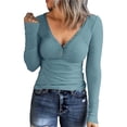 thumbnail image 1 of Womens Long Sleeve Shirts Button Down V Neck Ribbed Knit Tunic Tops Henley Slim Fit Trendy Casual Pullover Blouses, 1 of 5