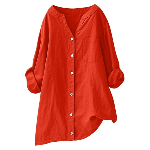 Womens Long Sleeve Shirts Button Up Casual Long Sleeve Loose Button and Linen Tunic V Neck Blouse With Pocket