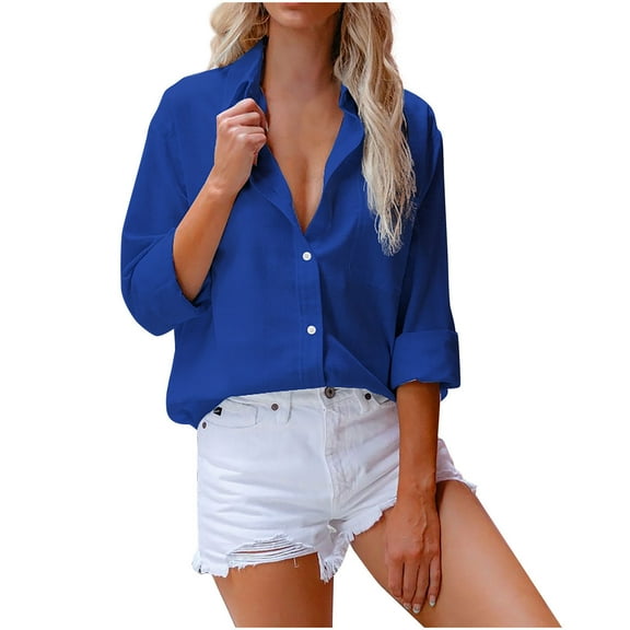 Womens Long Sleeve Shirts Button Up Casual Pockets Turn Down Neck Cardigan Long Sleeve Loose Fashion T Shirt Blouse Button Tops
