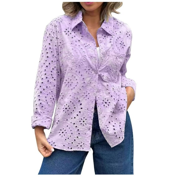 Womens Long Sleeve Shirts Button Up Plus Size Polka and Linen Buttoned Round Neck Loose and Comfortable Long Sleeved Top