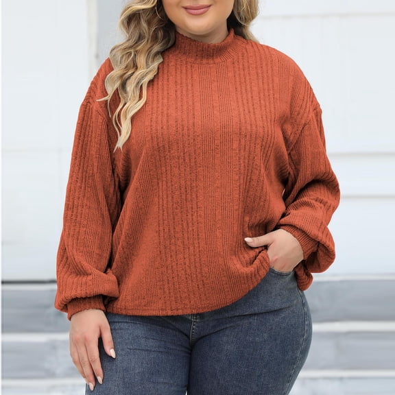 Womens Long Sleeve Shirts Casual Comfy High Neck Pullover Tops Trendy Solid Color Screw Thread Blouse Shirt Tops Coffee XXL