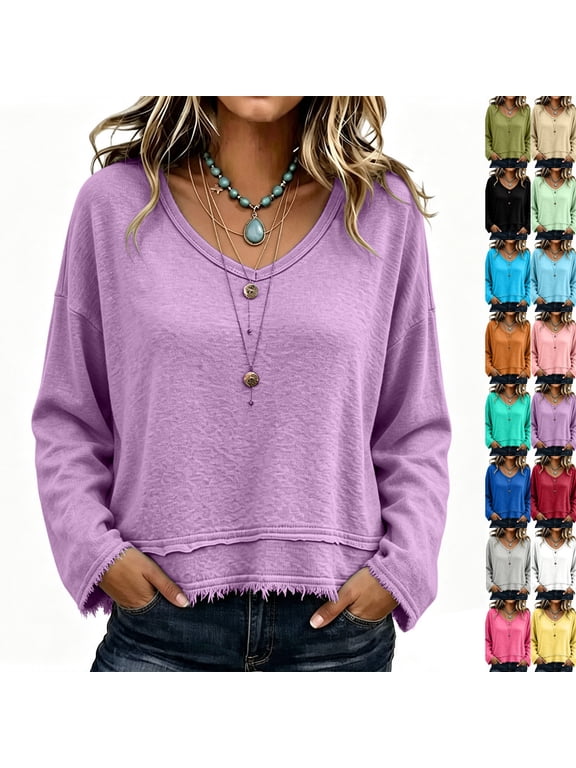 Womens Long Sleeve Shirts Casual Fringe Casual Cotton Vneck Flowy Crop Top Fall Loose Fit Bohemian Tops Purple S